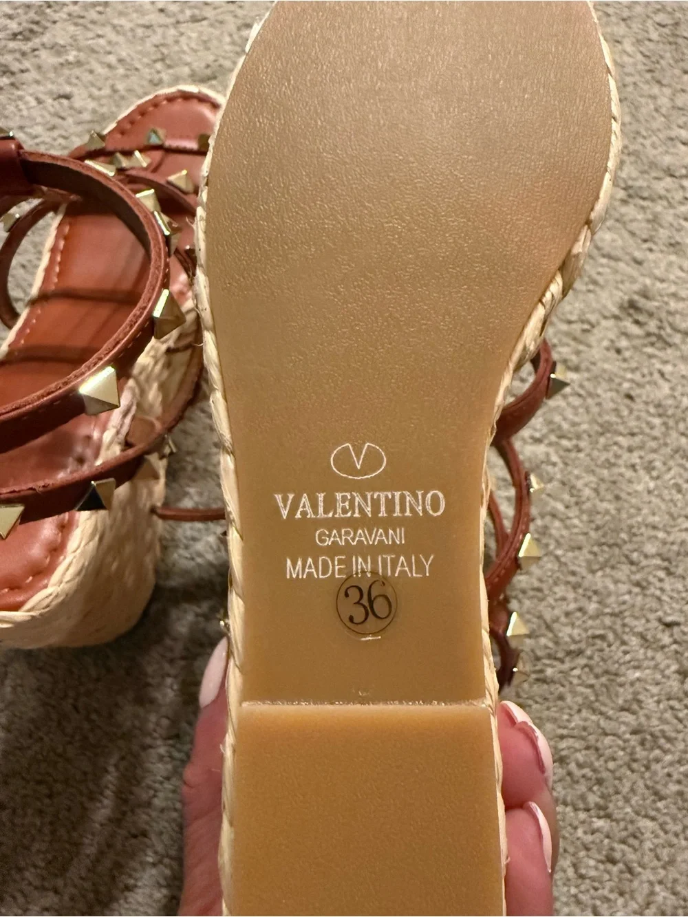 Valentino Tan Rockstud Espadrille Wedge Sandals